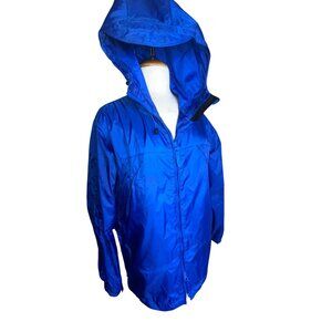 Cabelas Rain Jacket Wind Breaker Packable Hood M Nylon Mesh Lining Full Zip Blue